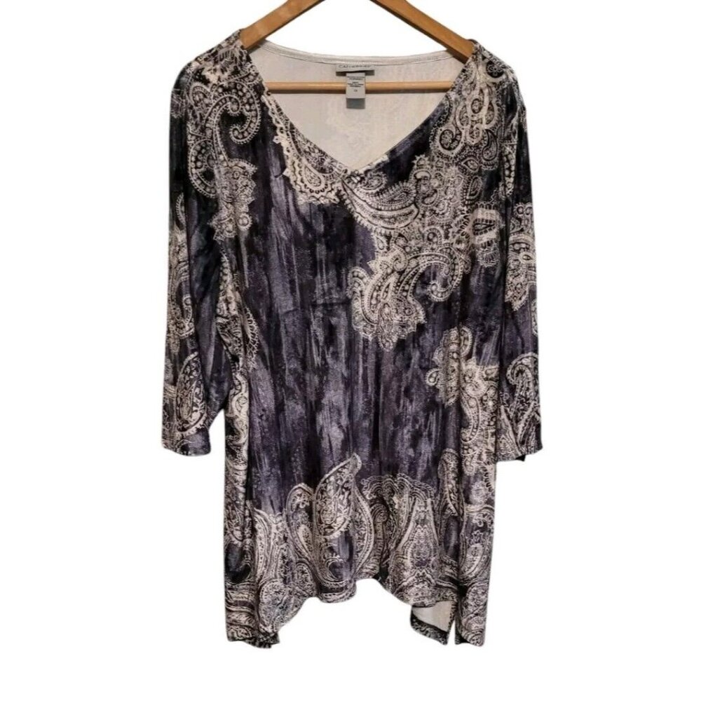 2XL Catherines Velvet Burnout Top Tunic Asymmetrical Shark Bite Paisley Silver